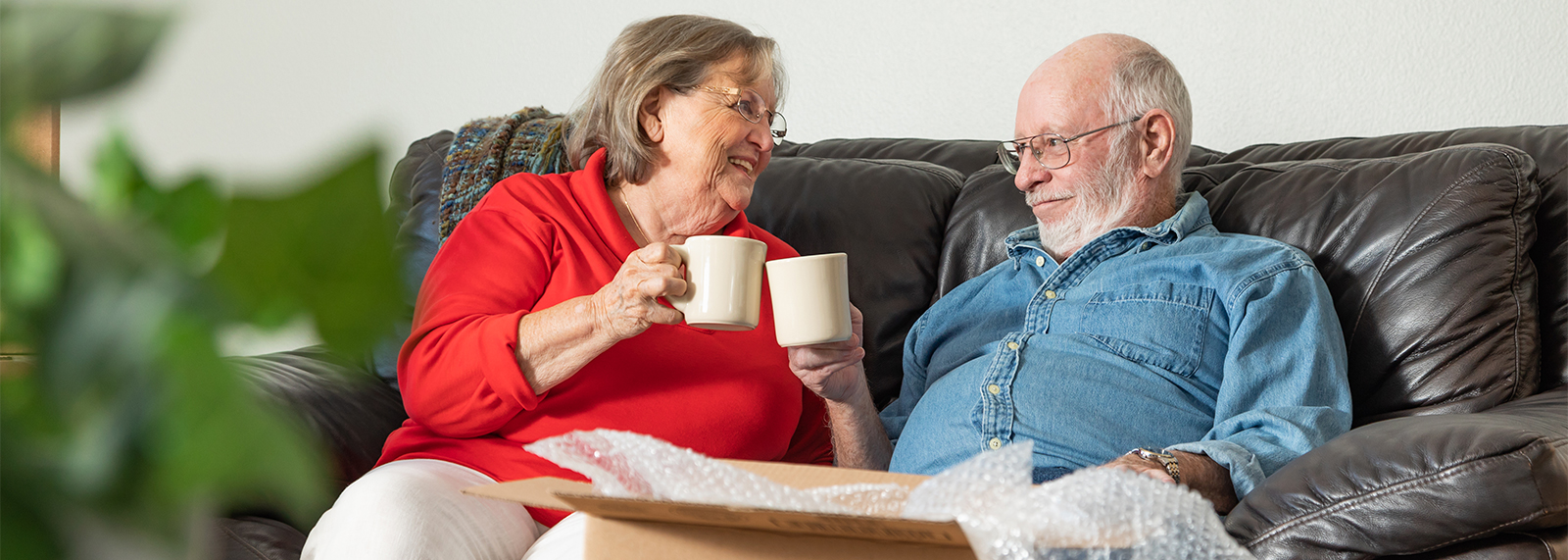 Senior couple having coffee on couch